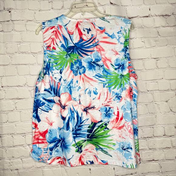 Thomas & Olivia Wms L Blue Pink White Tropical Floral Sleeveless Lace-up Top - Picture 2 of 7